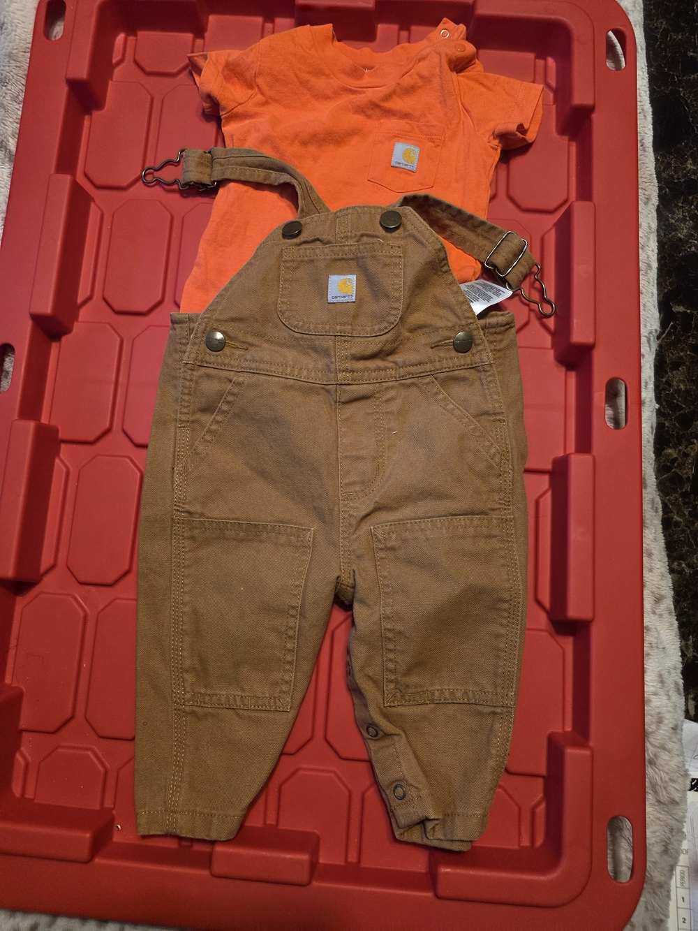 Carhartt Brown Canvas Kids Overalls with Bright Orange Tee